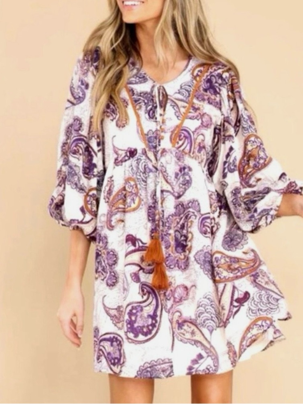 Boho Paisley Mini Dress in Purple and Cream